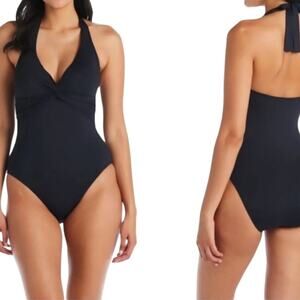 Bleu Rod Beattie Let's Get Twisted Halter Mio One-Piece Black Swimsuit – Sz 4